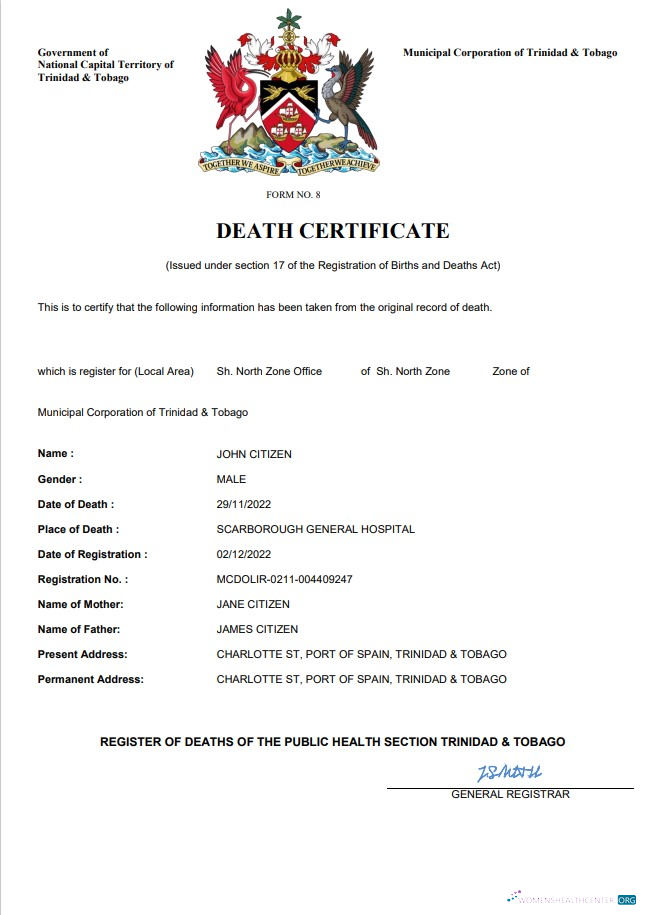 Download Trinidad and Tobago death certificate Word and PDF template Photoshop template